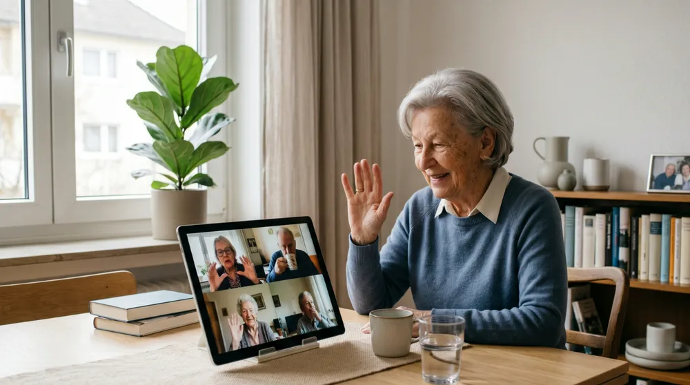 Ältere Dame winkt ihrer Videorunde am Tablet zu, vier Gesichter auf dem Bildschirm