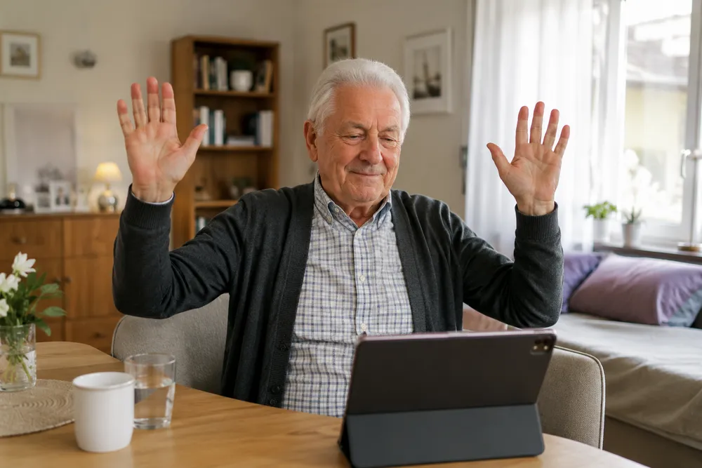 Älterer Mann winkt in eine ageONLINE-Videorunde auf seinem Tablet