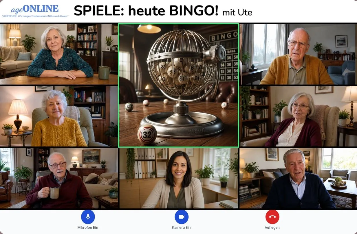 KI-generierte Beispielansicht einer Spielrunde auf dem Tablet: Oben steht „Spiele: heute Bingo mit Ute“. In der Mitte ist eine Bingo-Trommel zu sehen, darum herum acht Menschen in Kacheln, unten gibt es drei große Knöpfe für Mikrofon, Kamera und Auflegen.